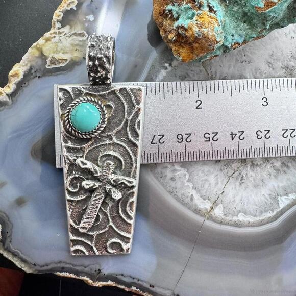 Cheyenne Custer Sterling Silver & Turquoise Dragonfly Tufa Cast Unisex Pendant - Picture 9 of 10